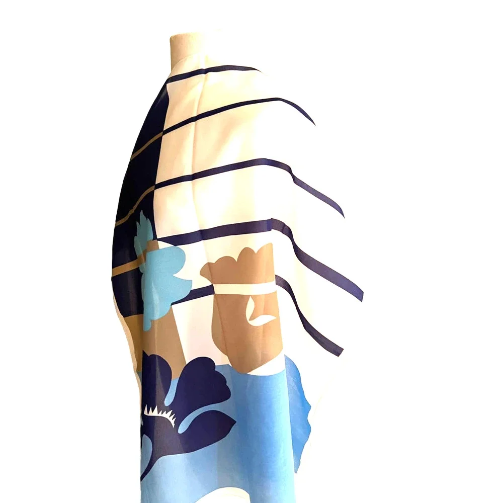 Vintage Abstract Floral Scarf 26” Square Blue White Tan Navy Retro Print